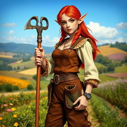 A total body photo of a female half-elf farmer with vibrant red hair and striking green eyes