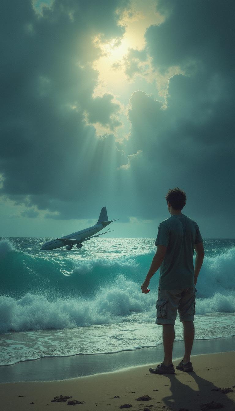 A poignant scene depicting the aftermath of a tragic plane crash over a vibrant ocean