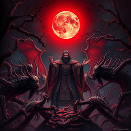 A dramatic scene featuring a great Vietnamese mage encircled by fearsome demons in a dark, foreboding night