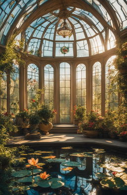 A high-definition, cinematic photograph of a Rococo-style botanical glasshouse with colorful stained glass floral patterns