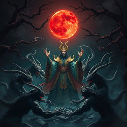 A dramatic scene featuring a great Vietnamese mage encircled by fearsome demons in a dark, foreboding night