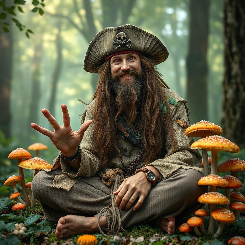 A photorealistic portrayal of a dirty hippie mushroom pirate druid, with long unkempt hair and adorned with natural, earthy clothing made from burlap and leaves