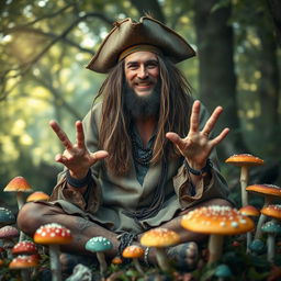 A photorealistic portrayal of a dirty hippie mushroom pirate druid, with long unkempt hair and adorned with natural, earthy clothing made from burlap and leaves