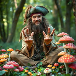 A photorealistic portrayal of a dirty hippie mushroom pirate druid, with long unkempt hair and adorned with natural, earthy clothing made from burlap and leaves
