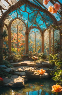 A high-definition, cinematic photograph of a Rococo-style botanical glasshouse with colorful stained glass floral patterns