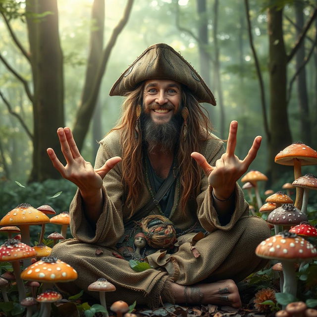 A photorealistic portrayal of a dirty hippie mushroom pirate druid, with long unkempt hair and adorned with natural, earthy clothing made from burlap and leaves