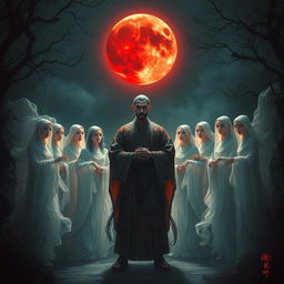 A mystical scene featuring a group of ethereal female ghosts surrounding a great Vietnamese mage in a dark, mysterious night