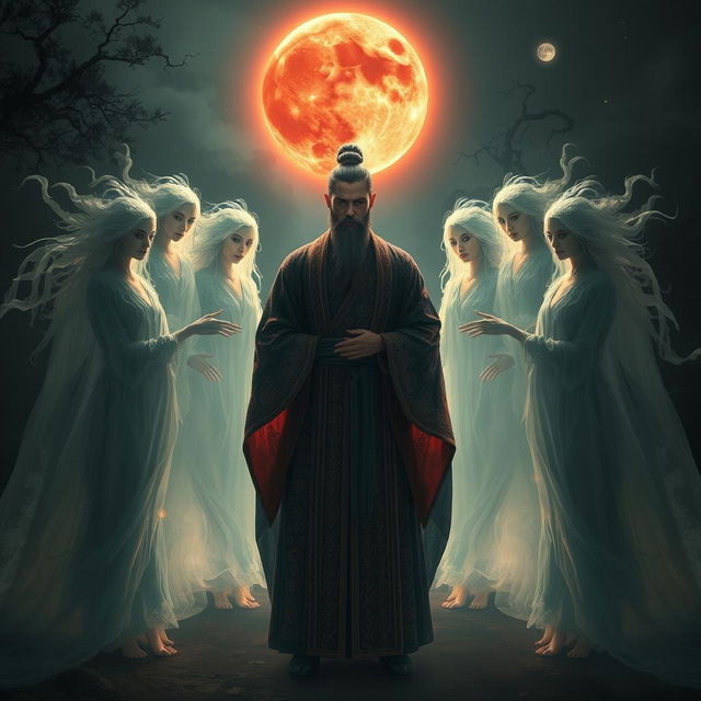 A mystical scene featuring a group of ethereal female ghosts surrounding a great Vietnamese mage in a dark, mysterious night