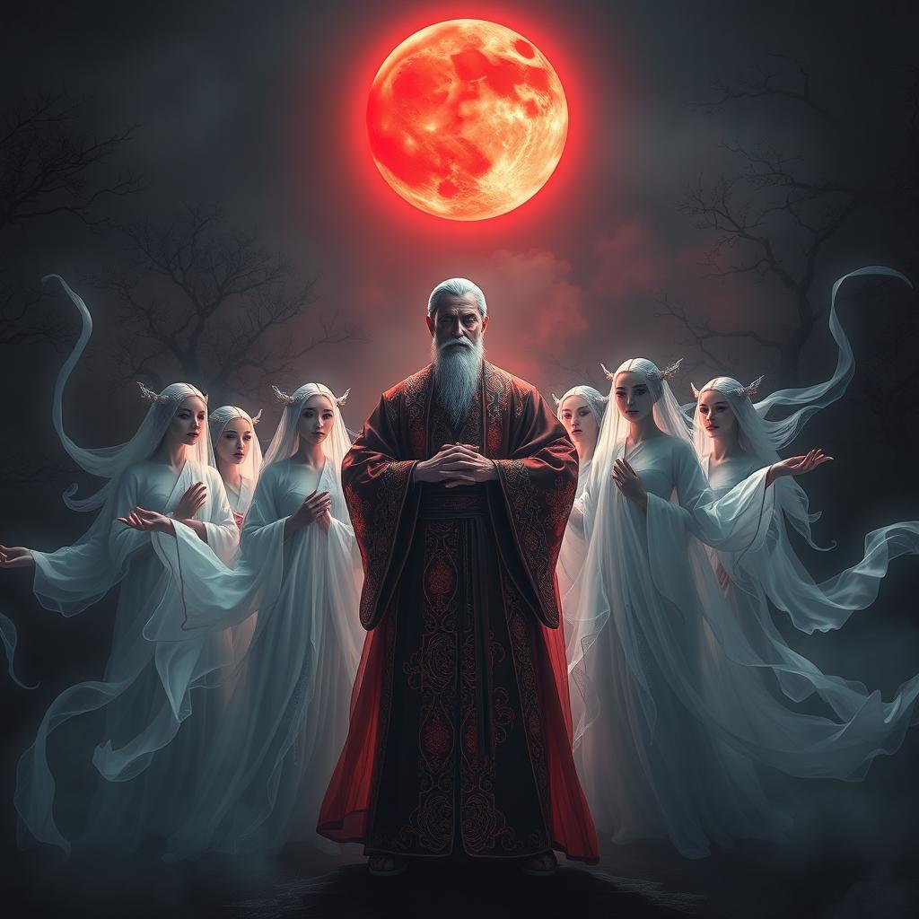 A mystical scene featuring a group of ethereal female ghosts surrounding a great Vietnamese mage in a dark, mysterious night