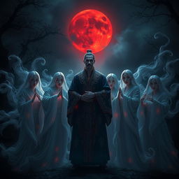 A mystical scene featuring a group of ethereal female ghosts surrounding a great Vietnamese mage in a dark, mysterious night