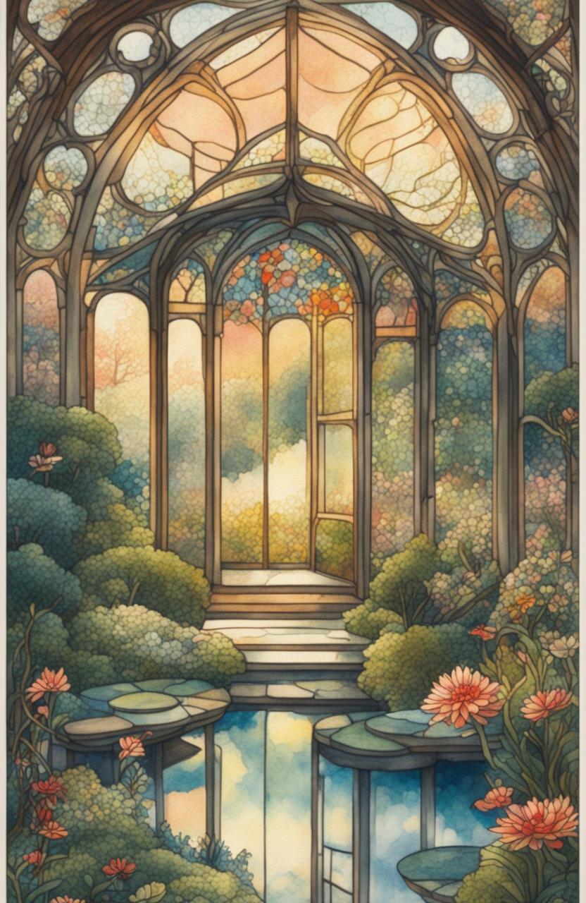 A watercolor painting of a rococo-style stained glass botanical glasshouse in the golden hour