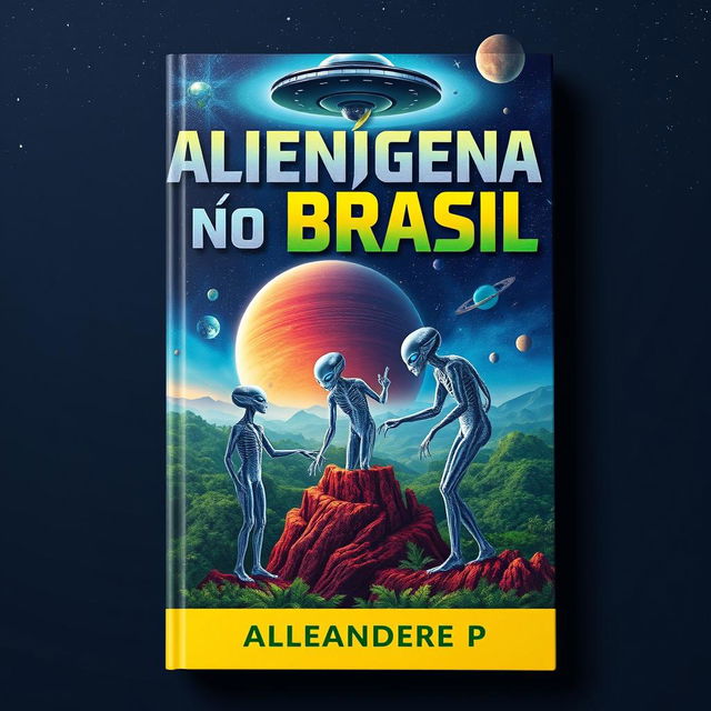 A striking book cover design for 'Alienígenas no Brasil' by Alexandre P