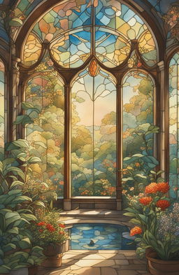 A watercolor painting of a rococo-style stained glass botanical glasshouse in the golden hour