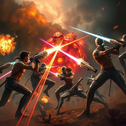 A dynamic scene depicting humans engaging in combat with humanoid creatures, showcasing an intense battle atmosphere