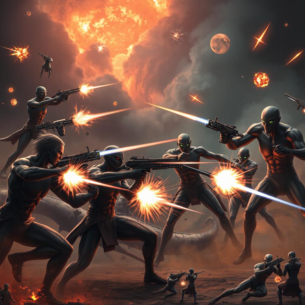 A dynamic scene depicting humans engaging in combat with humanoid creatures, showcasing an intense battle atmosphere