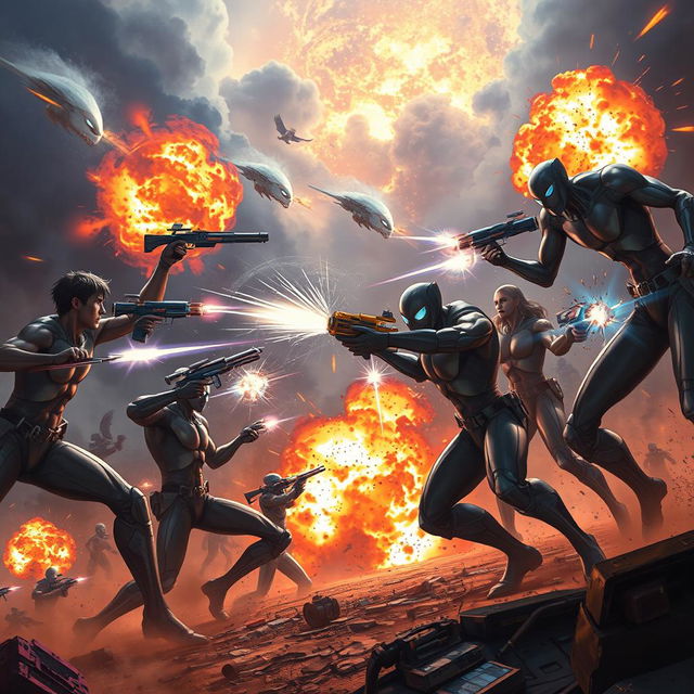 A dynamic scene depicting humans engaging in combat with humanoid creatures, showcasing an intense battle atmosphere