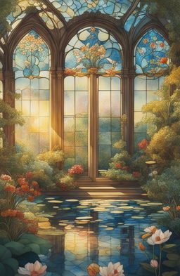 A watercolor painting of a rococo-style stained glass botanical glasshouse in the golden hour