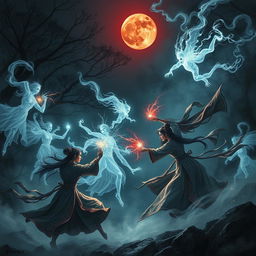 A thrilling scene depicting female ghosts engaged in a fierce battle against great Vietnamese magicians during a dark, mystical night