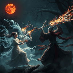 A thrilling scene depicting female ghosts engaged in a fierce battle against great Vietnamese magicians during a dark, mystical night