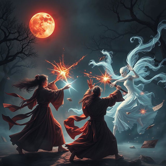 A thrilling scene depicting female ghosts engaged in a fierce battle against great Vietnamese magicians during a dark, mystical night