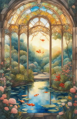 A watercolor painting of a rococo-style stained glass botanical glasshouse in the golden hour