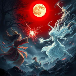 A thrilling scene depicting female ghosts engaged in a fierce battle against great Vietnamese magicians during a dark, mystical night