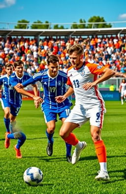 A dynamic soccer scene featuring two teams in action
