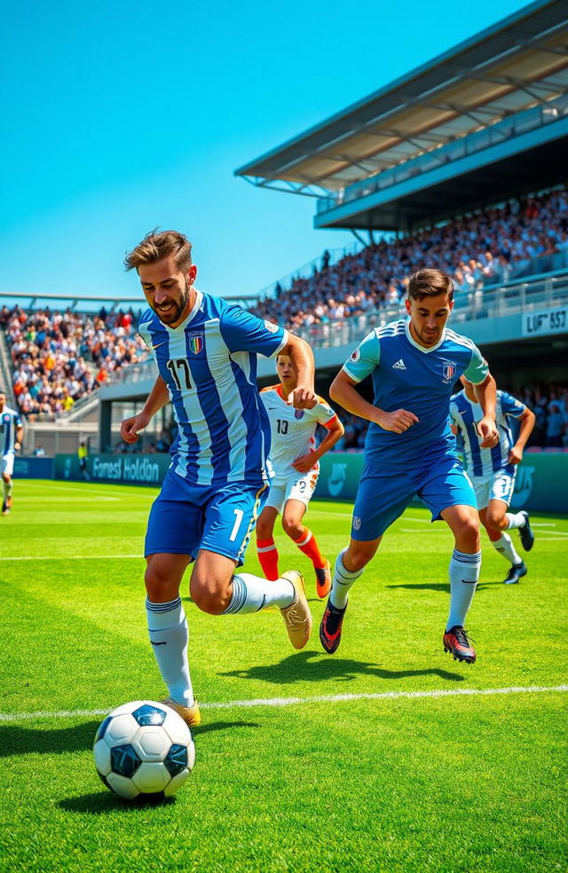 A dynamic soccer scene featuring two teams in action