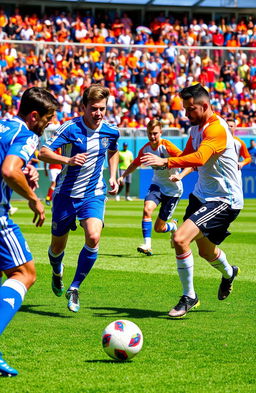 A dynamic soccer scene featuring two teams in action