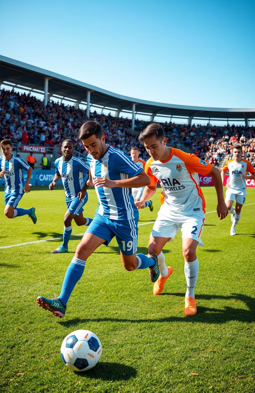 A dynamic soccer scene featuring two teams in action