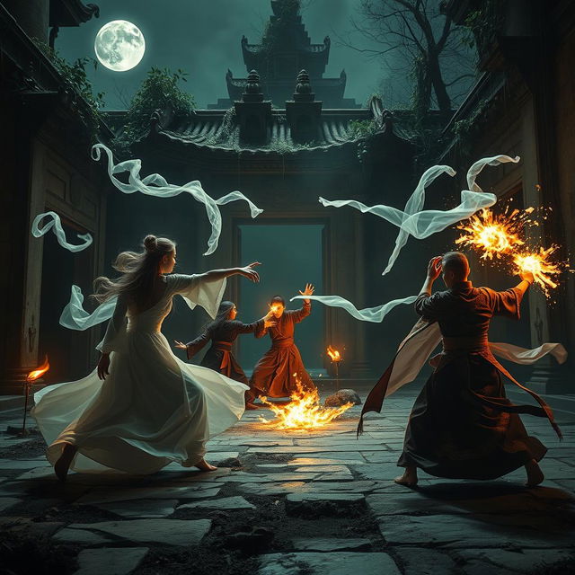 An epic confrontation scene featuring female ghosts engaged in battle against great Vietnamese magicians in the darkness, set against the backdrop of an abandoned temple cloaked in mystery