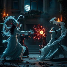 An epic confrontation scene featuring female ghosts engaged in battle against great Vietnamese magicians in the darkness, set against the backdrop of an abandoned temple cloaked in mystery