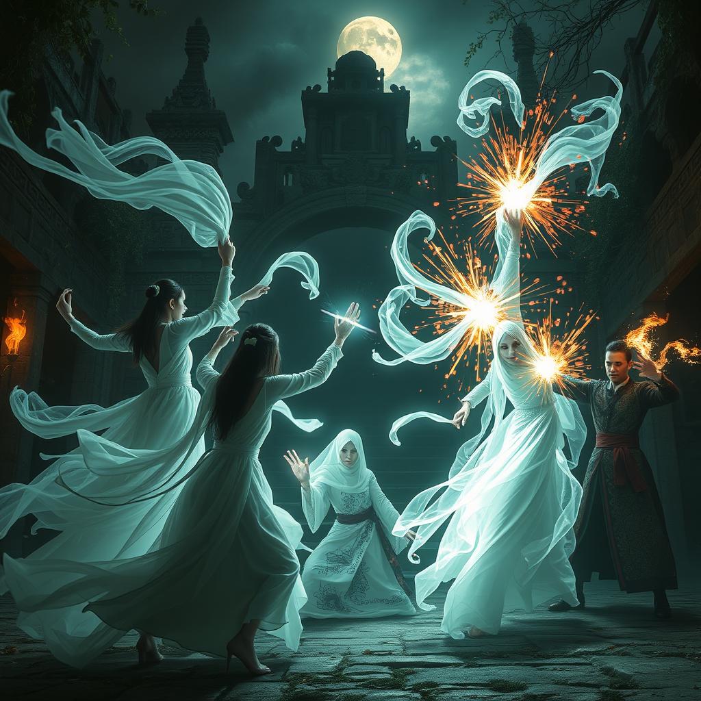 An epic confrontation scene featuring female ghosts engaged in battle against great Vietnamese magicians in the darkness, set against the backdrop of an abandoned temple cloaked in mystery