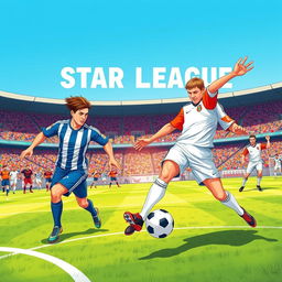 A dynamic soccer match illustration for a book cover titled 'STAR LEAGUE'