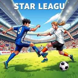 A dynamic soccer match illustration for a book cover titled 'STAR LEAGUE'
