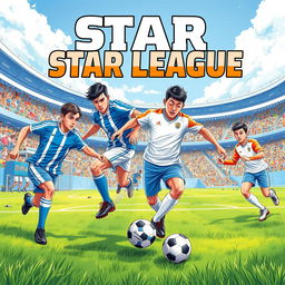 A dynamic soccer match illustration for a book cover titled 'STAR LEAGUE'