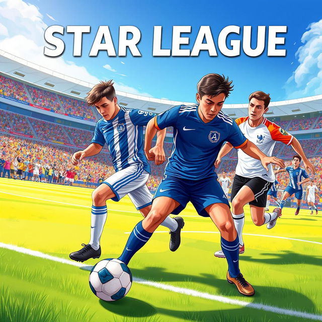 A dynamic soccer match illustration for a book cover titled 'STAR LEAGUE'