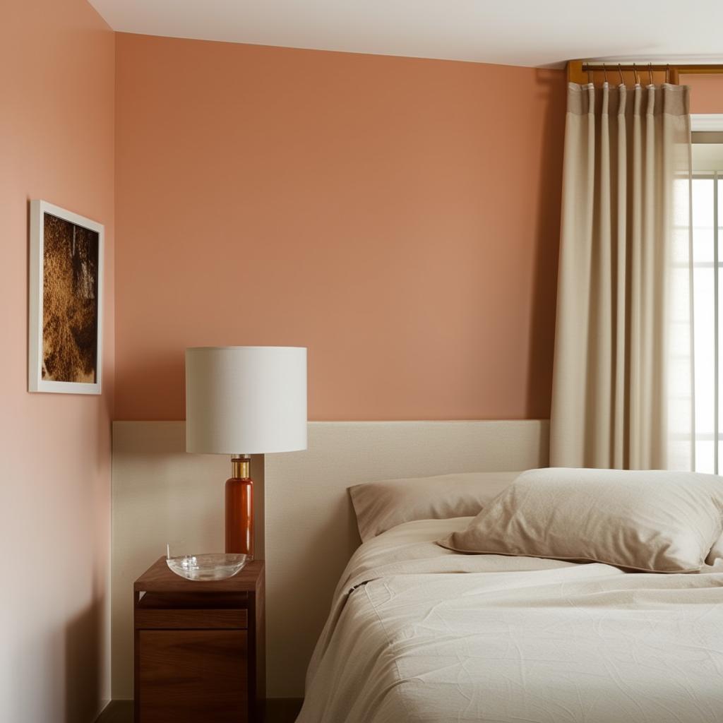 Design an Airbnb room with a calm and inviting color scheme, which includes a bed, side table, good lighting, a wall photo, and calm-colored curtains, with all essential furnishings. Also provide Asian Paints color codes appropriate for the space.