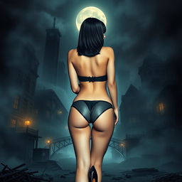 A full body rear view of a 20-year-old woman with sleek black hair, prominently positioned in the center of the image