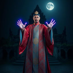 A powerful image of a great Vietnamese magician standing confidently in the dark night, with a deserted temple looming majestically in the background
