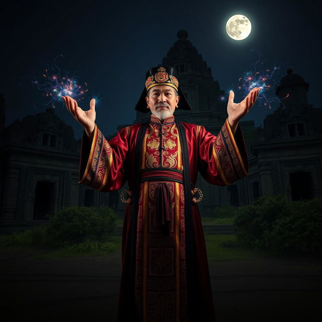 A powerful image of a great Vietnamese magician standing confidently in the dark night, with a deserted temple looming majestically in the background