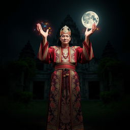 A powerful image of a great Vietnamese magician standing confidently in the dark night, with a deserted temple looming majestically in the background