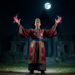 A powerful image of a great Vietnamese magician standing confidently in the dark night, with a deserted temple looming majestically in the background