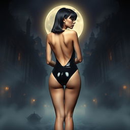 A full body rear view of a 20-year-old woman with sleek black hair, positioned in the center of the image