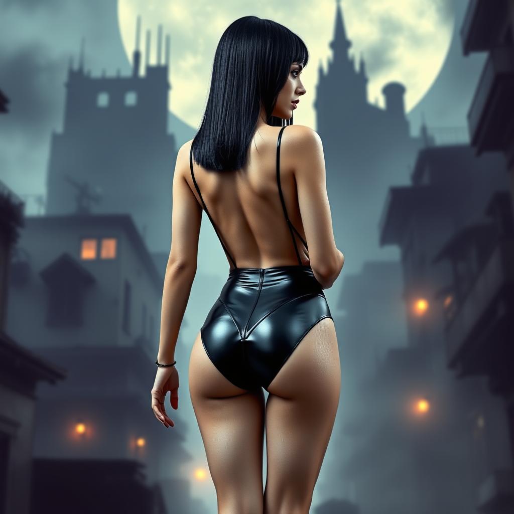 A full body rear view of a 20-year-old woman with sleek black hair, positioned in the center of the image