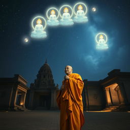 A serene depiction of a Dai Viet monk standing in the dark night, radiating calm and wisdom, with a deserted temple as the backdrop