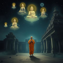 A serene depiction of a Dai Viet monk standing in the dark night, radiating calm and wisdom, with a deserted temple as the backdrop