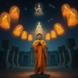 A serene depiction of a Dai Viet monk standing in the dark night, radiating calm and wisdom, with a deserted temple as the backdrop