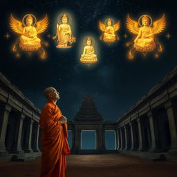 A serene depiction of a Dai Viet monk standing in the dark night, radiating calm and wisdom, with a deserted temple as the backdrop