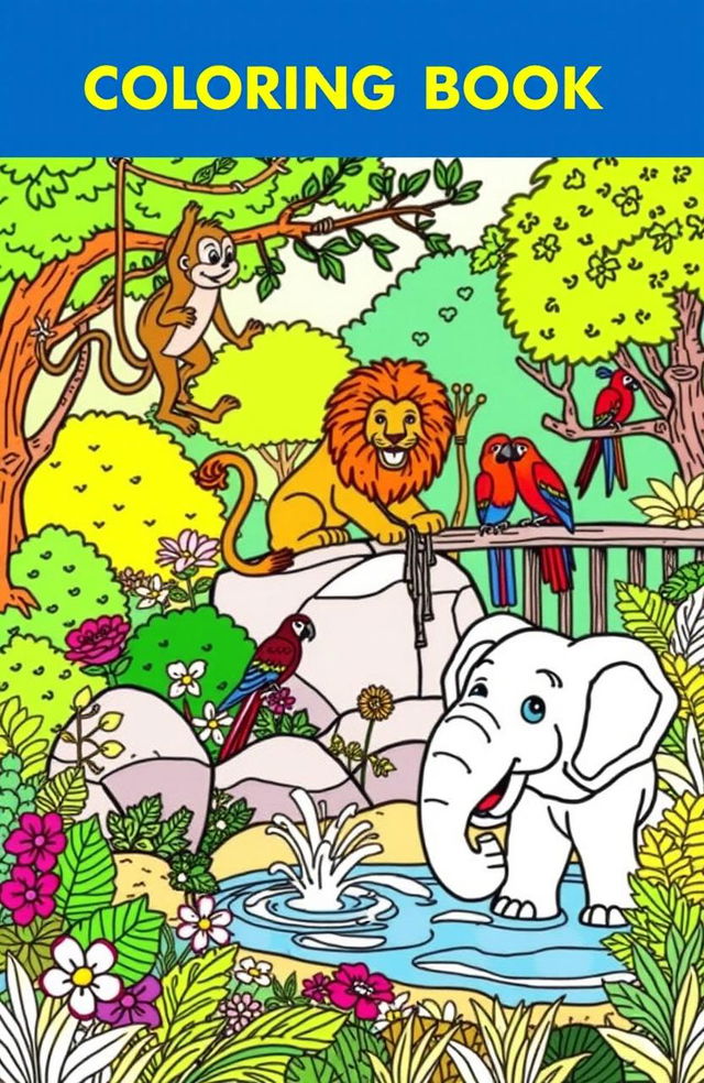 A vibrant and whimsical coloring book page featuring a variety of zoo animals, including a playful monkey swinging from a tree branch, a majestic lion lounging on a rock, colorful parrots perched on a fence, and a gentle elephant splashing water with its trunk